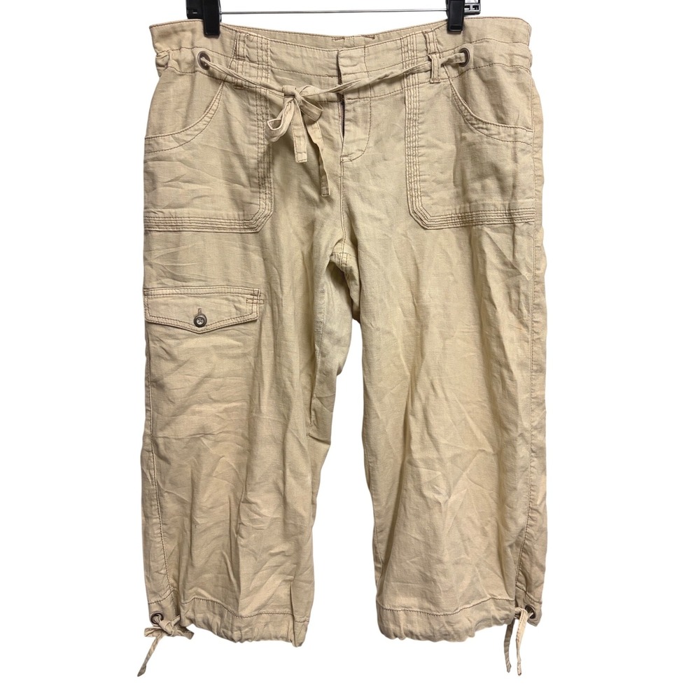 Hei Hei Anthropologie Cargo Capri Beige Utility Crop Tan Linen Blend Size 12